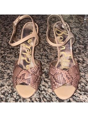 Sam Edelman Beige Leather Slingback platform Sandal with Brown Snake-Print